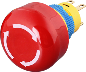Núdzový vypínač, 16mm, 5A, 250V, kolíková svorka, červená plastová hlavica, IP65 (1NO / 1NC)