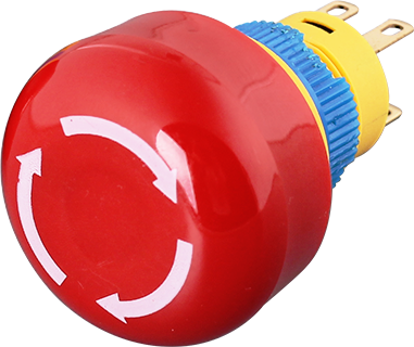 Núdzový vypínač, 16mm, 5A, 250V, kolíková svorka, červená plastová hlavica, IP65 (1NO / 1NC)