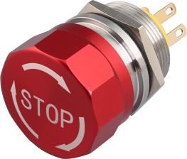 Núdzový vypínač, 19 mm, kolíková svorka, červená hliníková hlava (šípka + STOP), telo z nerezovej ocele, IP65 (1NO/1NC)